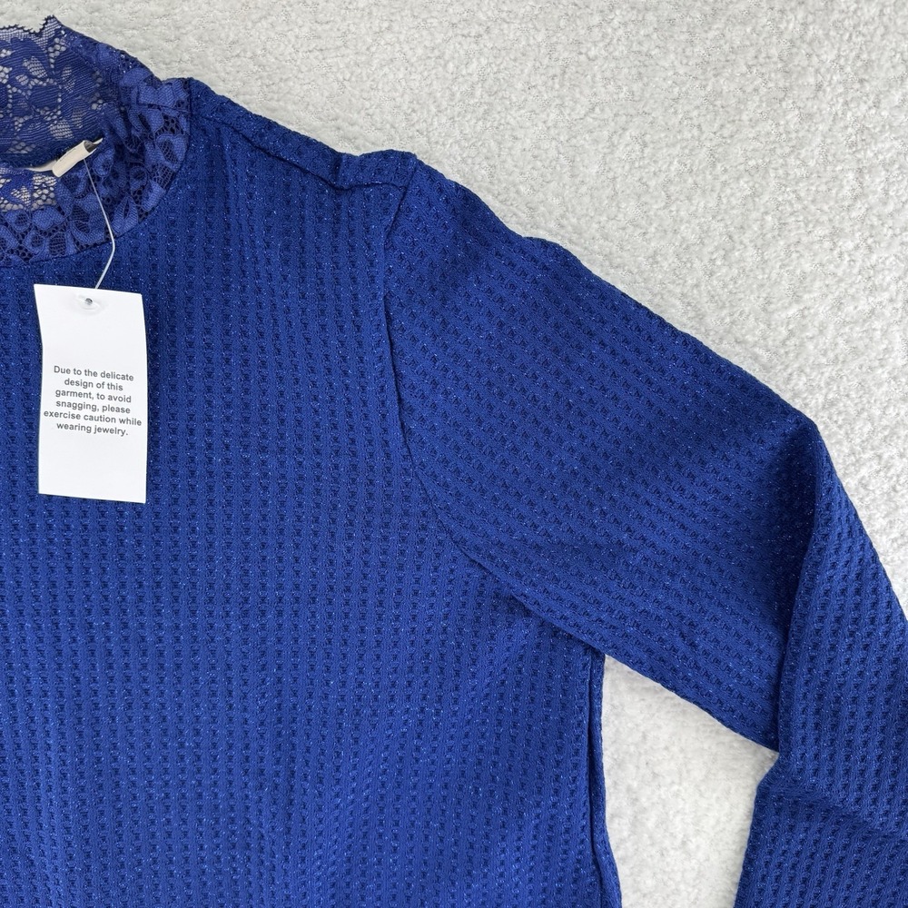 LOGO by Lori Goldstein Metallic Waffle Knit Mock Neck Top Sweater Small Blue - Picture 3 of 13